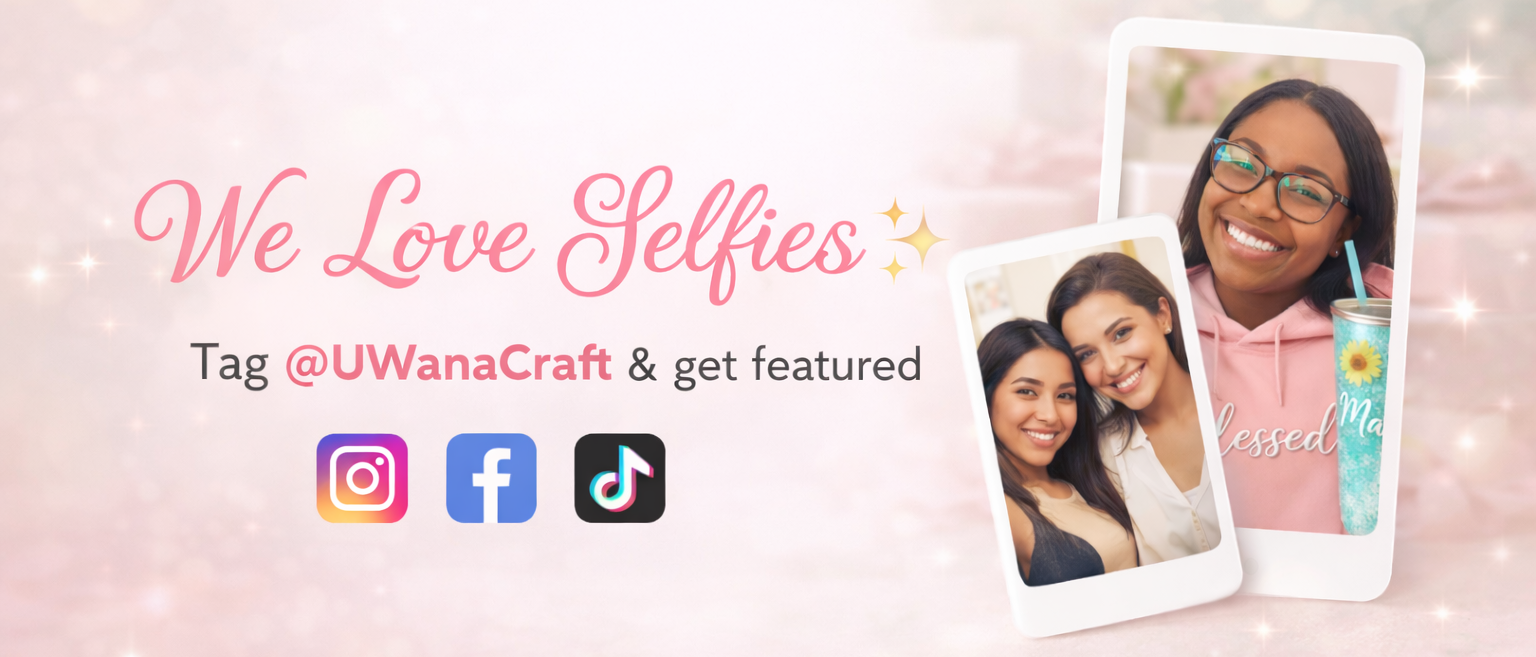 Promotional graphic for 'We Love Selfies' with two photo frames featuring people, on a soft pink background.